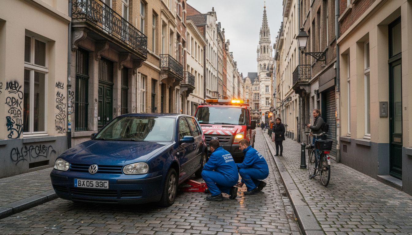 Dépannage de voiture à Bruxelles : intervention sur une Volkswagen bleue dans une ruelle.