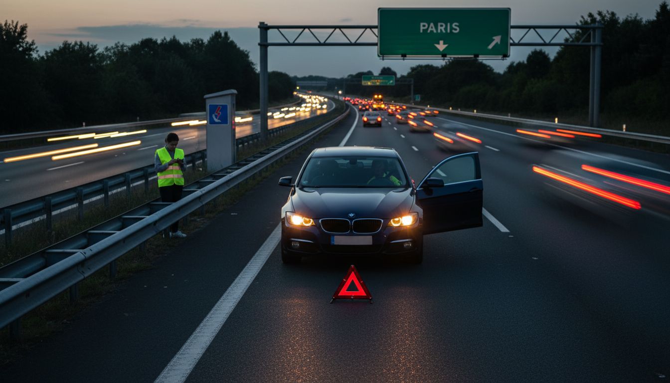 Dépannage voiture : assurer la sécurité en cas de panne sur l'autoroute avec gilet et triangle.