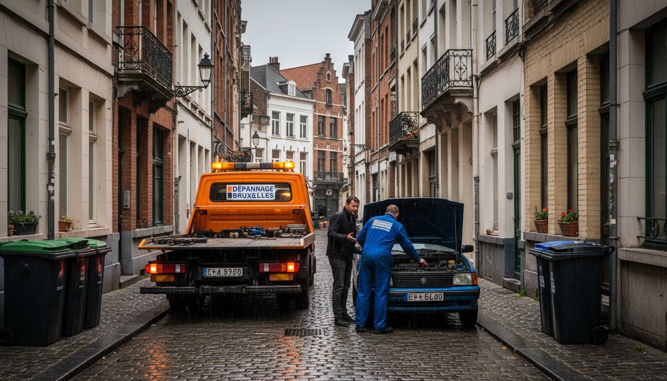 Dépanneur intervenant sur une panne de voiture en été dans une ruelle de Bruxelles