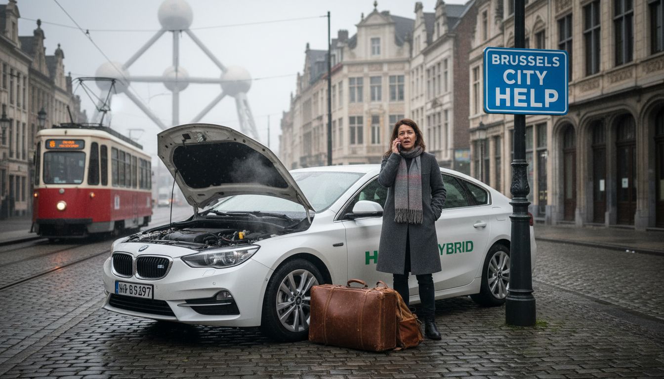 Femme cherchant qui appeler si ma voiture est en panne devant son véhicule à Bruxelles.