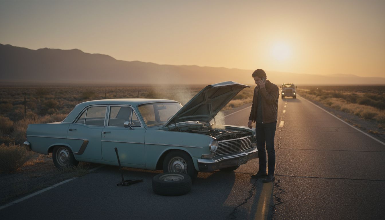 Homme appelant à l'aide après une panne voiture en été sur une route isolée.