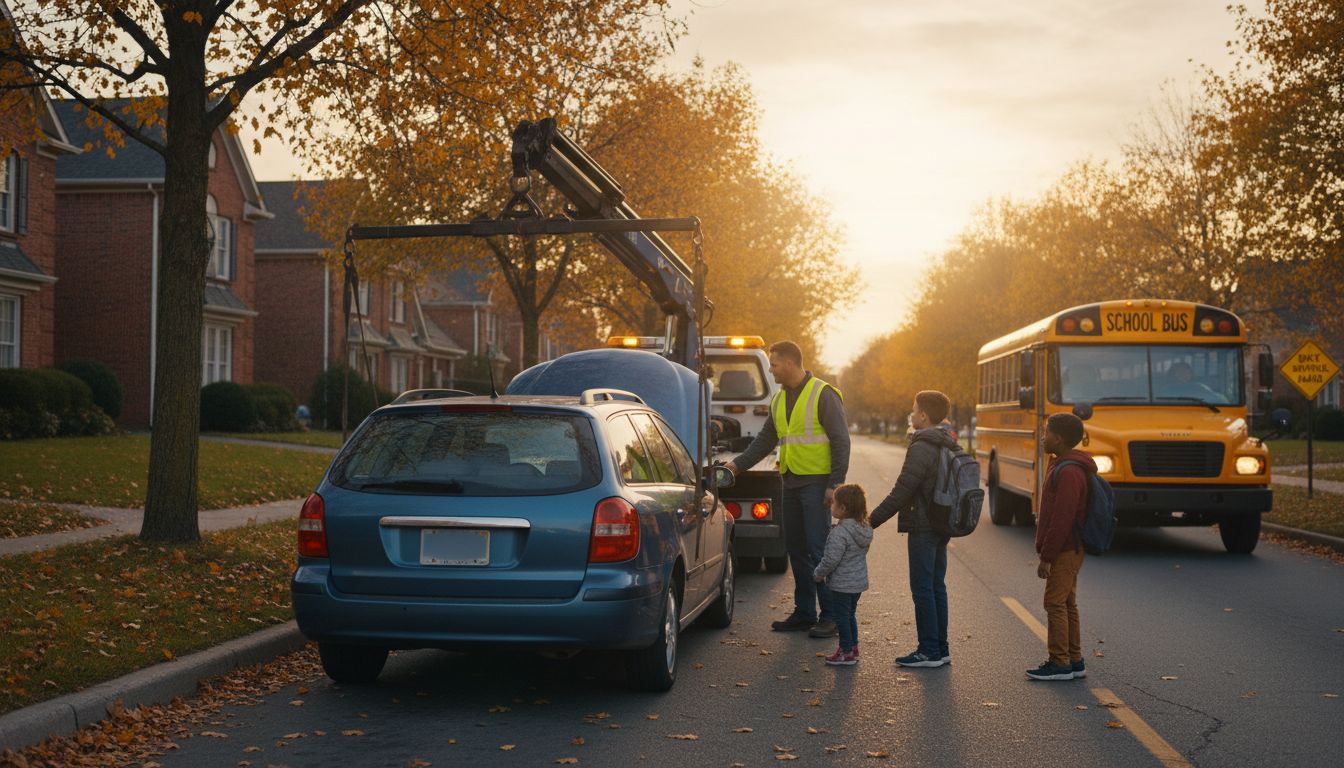 Service de dépannage voiture fiable pour la rentrée scolaire à Bruxelles avec dépanneur et écoliers.