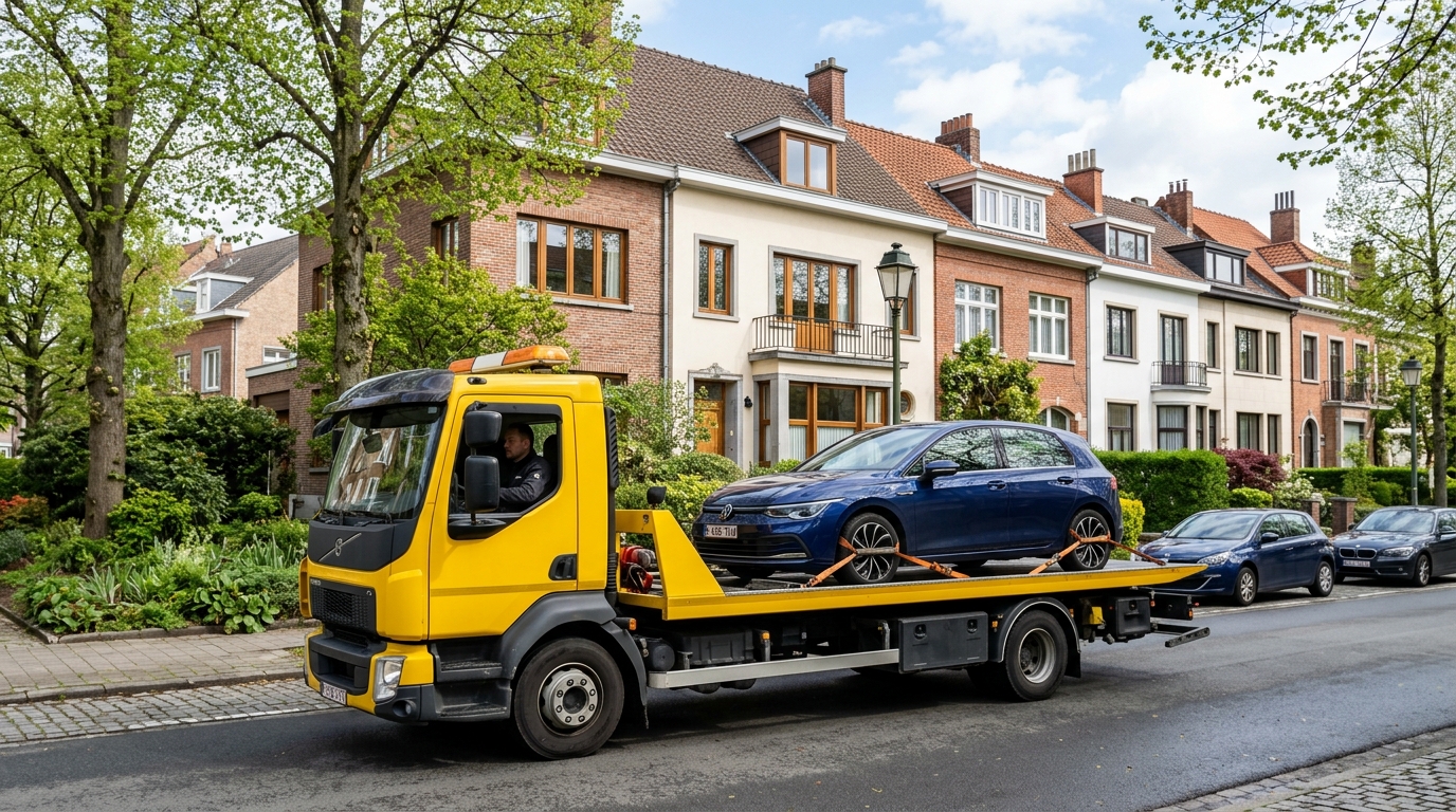 Camion de remorquage transportant un véhicule en panne dans une rue résidentielle d'Auderghem.