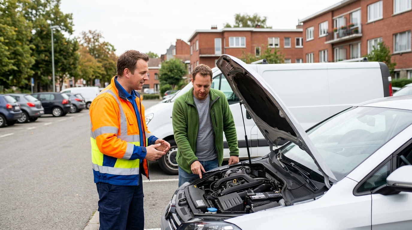 Technicien de City Dépannage expliquant le processus de dépannage voiture à Auderghem à un client.