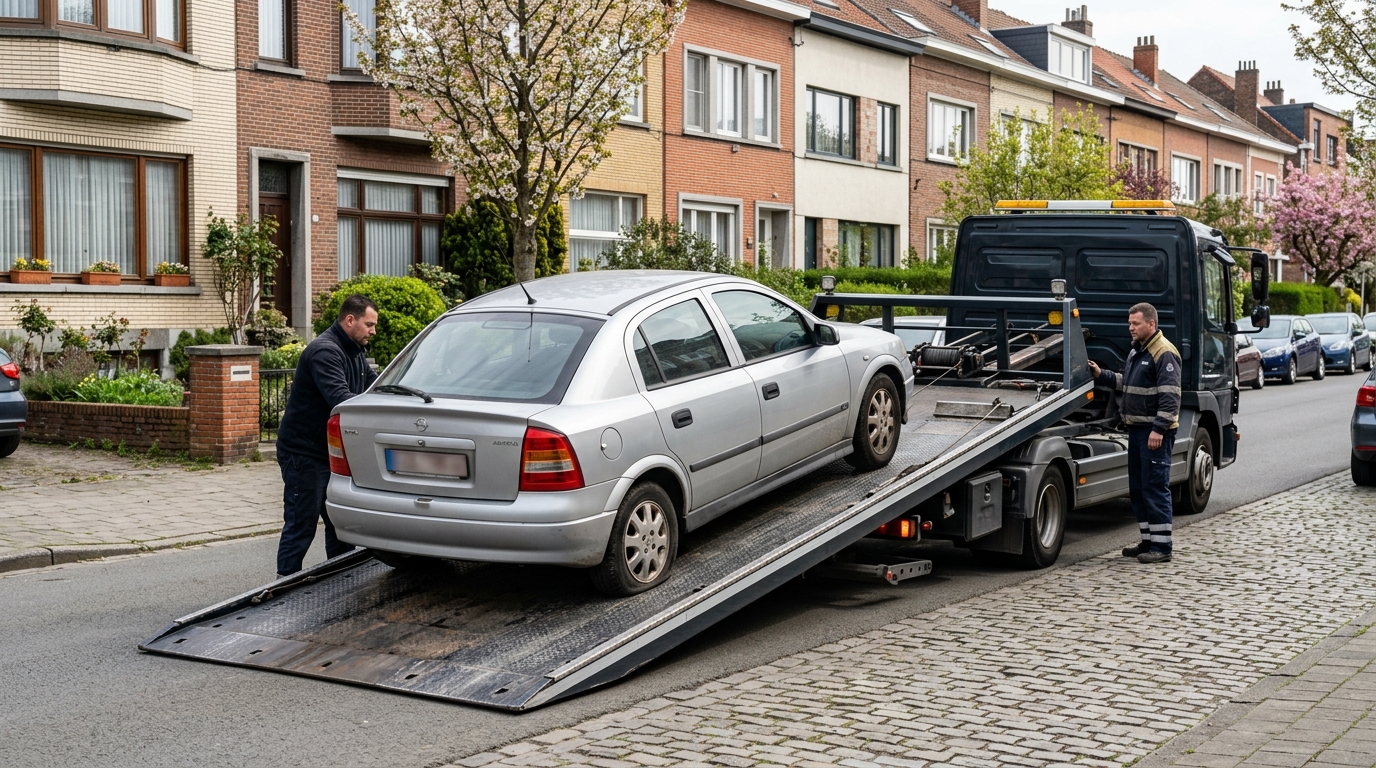 Remorquage d'une voiture en panne par une dépanneuse à Berchem-Sainte-Agathe.