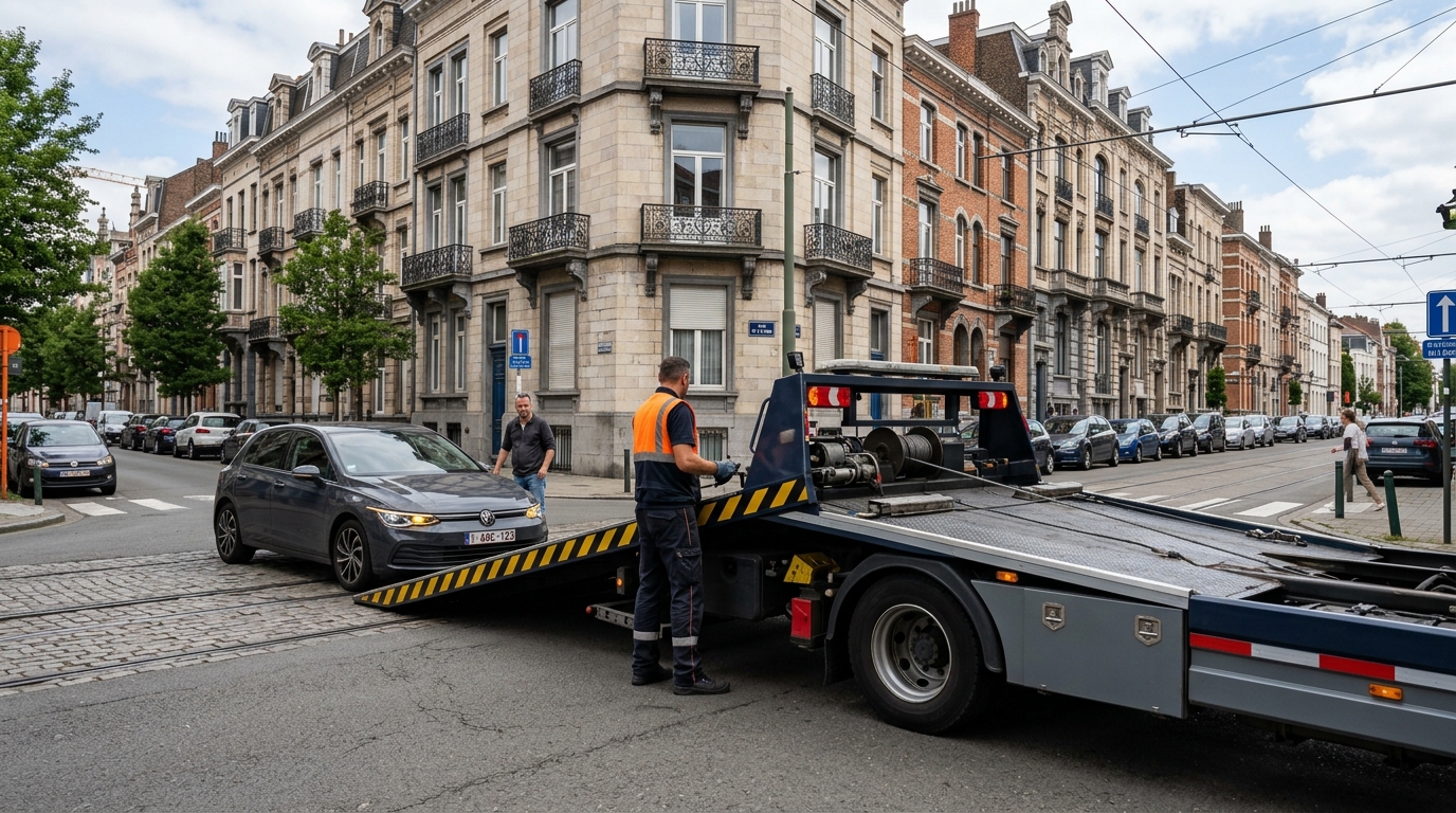 Service de remorquage et dépannage voiture d'urgence à Etterbeek avec une dépanneuse plateau.