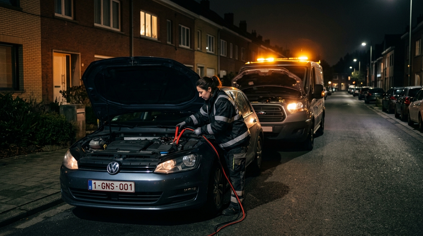 Intervention de dépannage voiture nocturne à Ganshoren pour une panne de batterie.