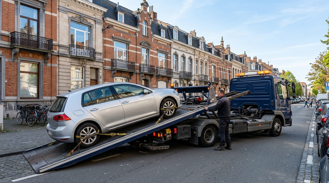 Service de remorquage de voiture à Ixelles avec une dépanneuse professionnelle intervenant en zone urbaine.