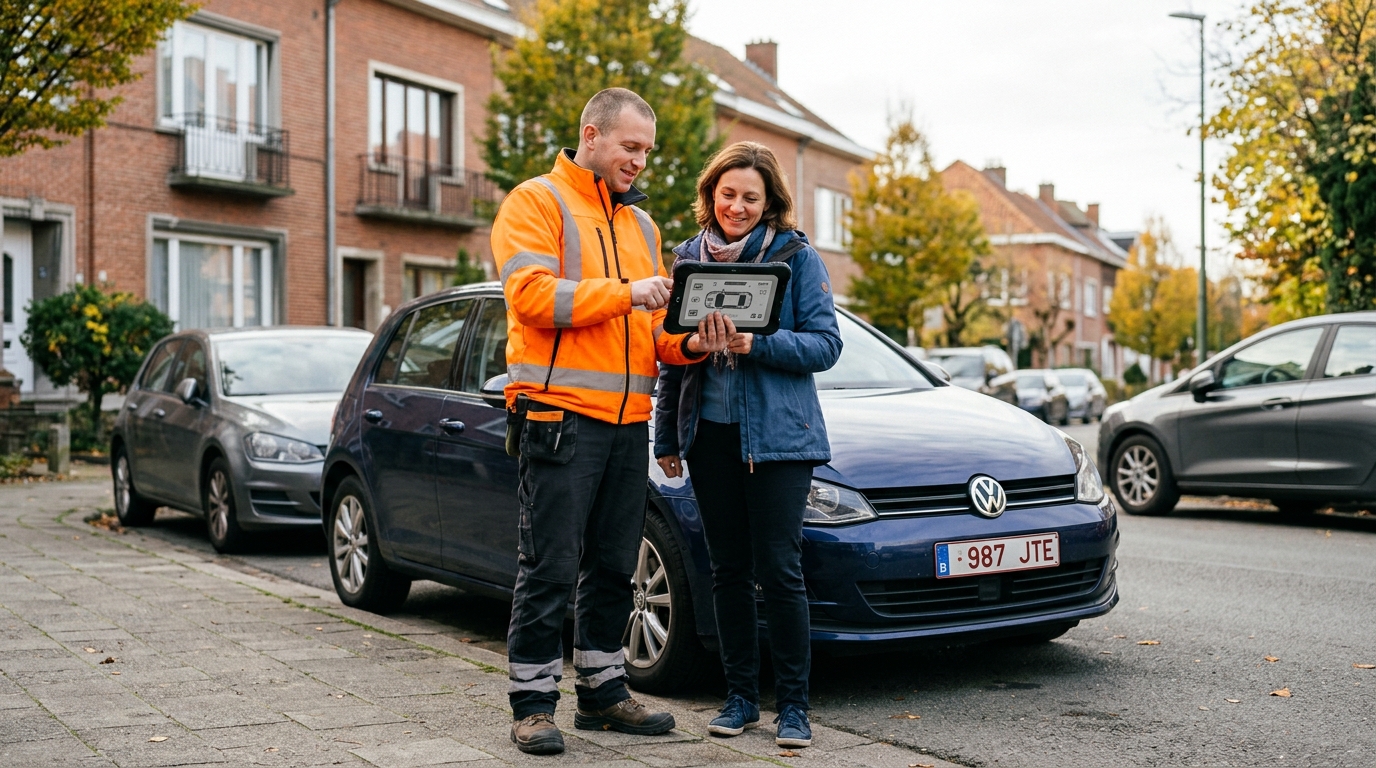 Technicien de City Dépannage expliquant les tarifs transparents pour un dépannage voiture à Jette.