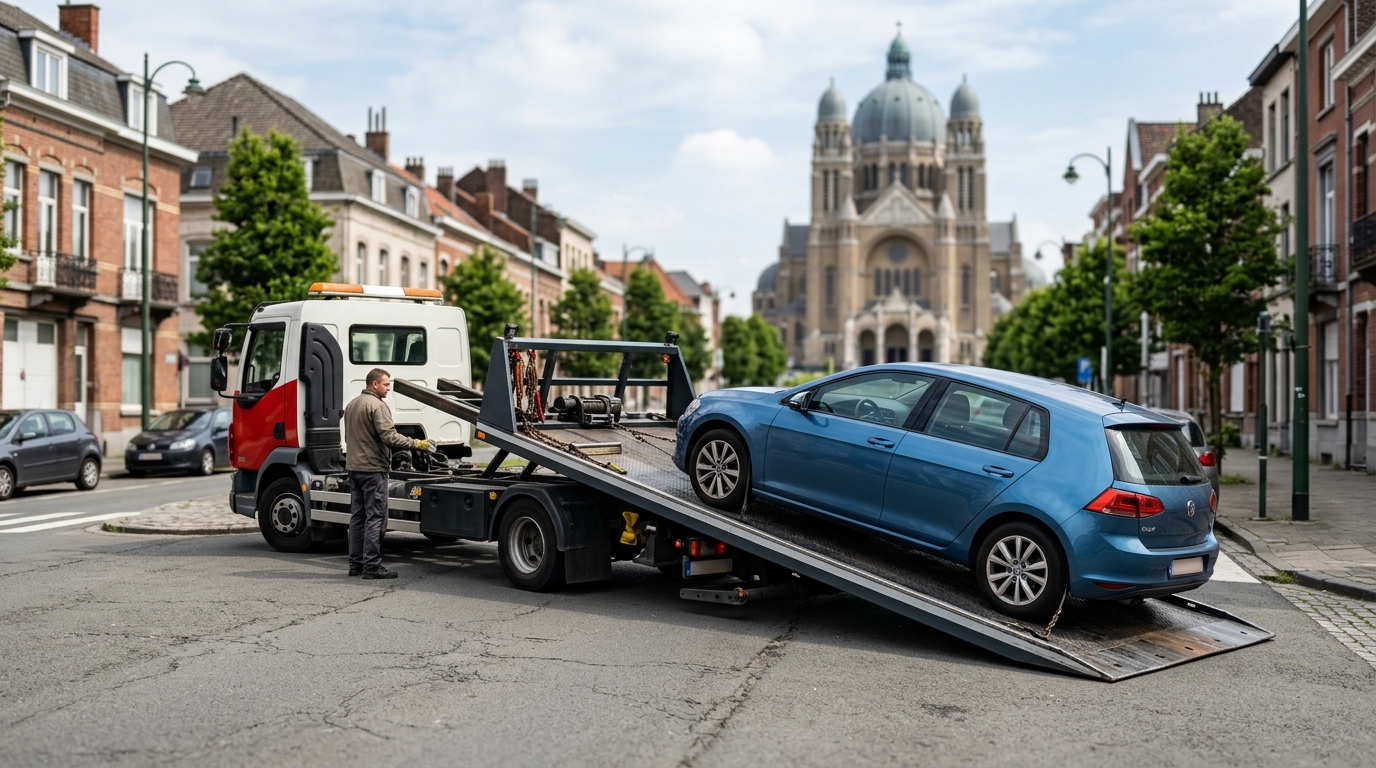 Camion de remorquage professionnel intervenant pour un dépannage voiture à Koekelberg.