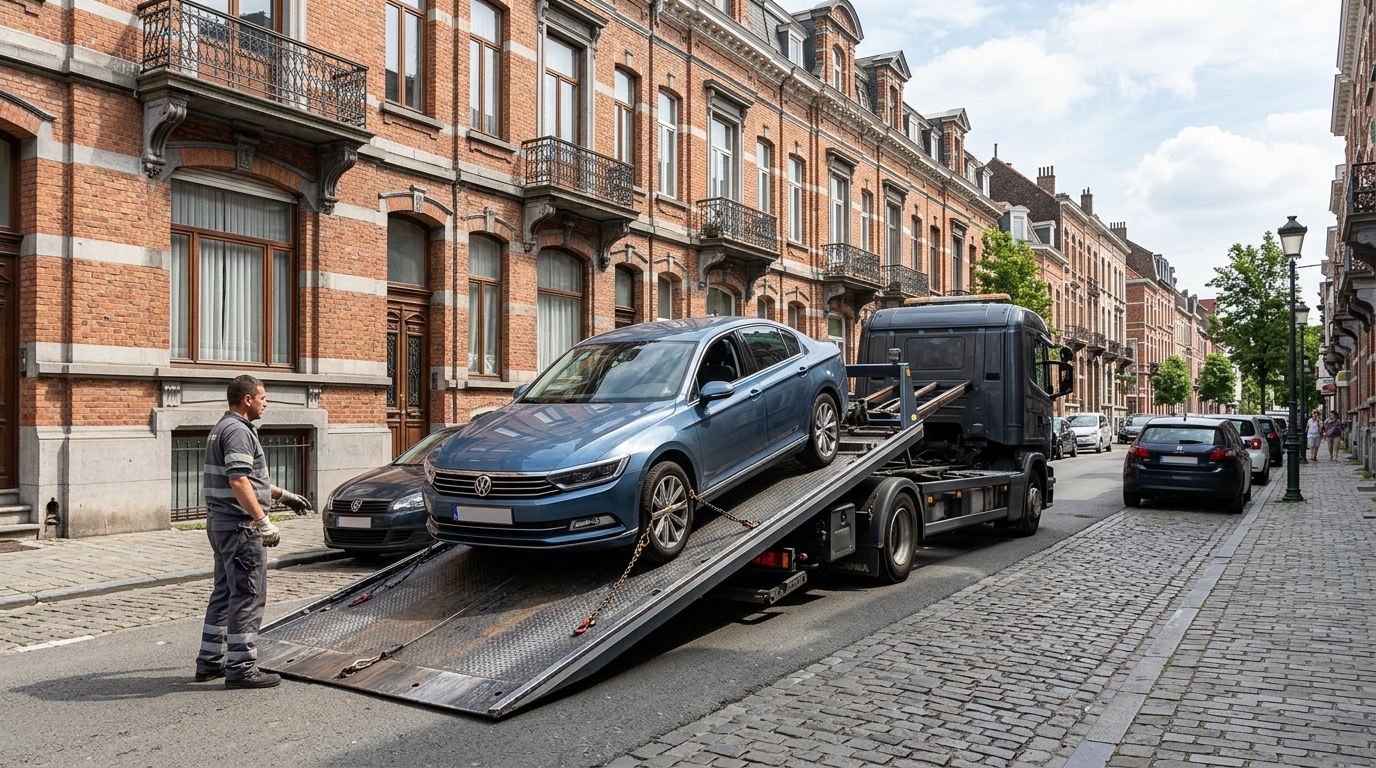 Camion de remorquage voiture à Saint-Gilles chargeant un véhicule en panne sur un plateau.