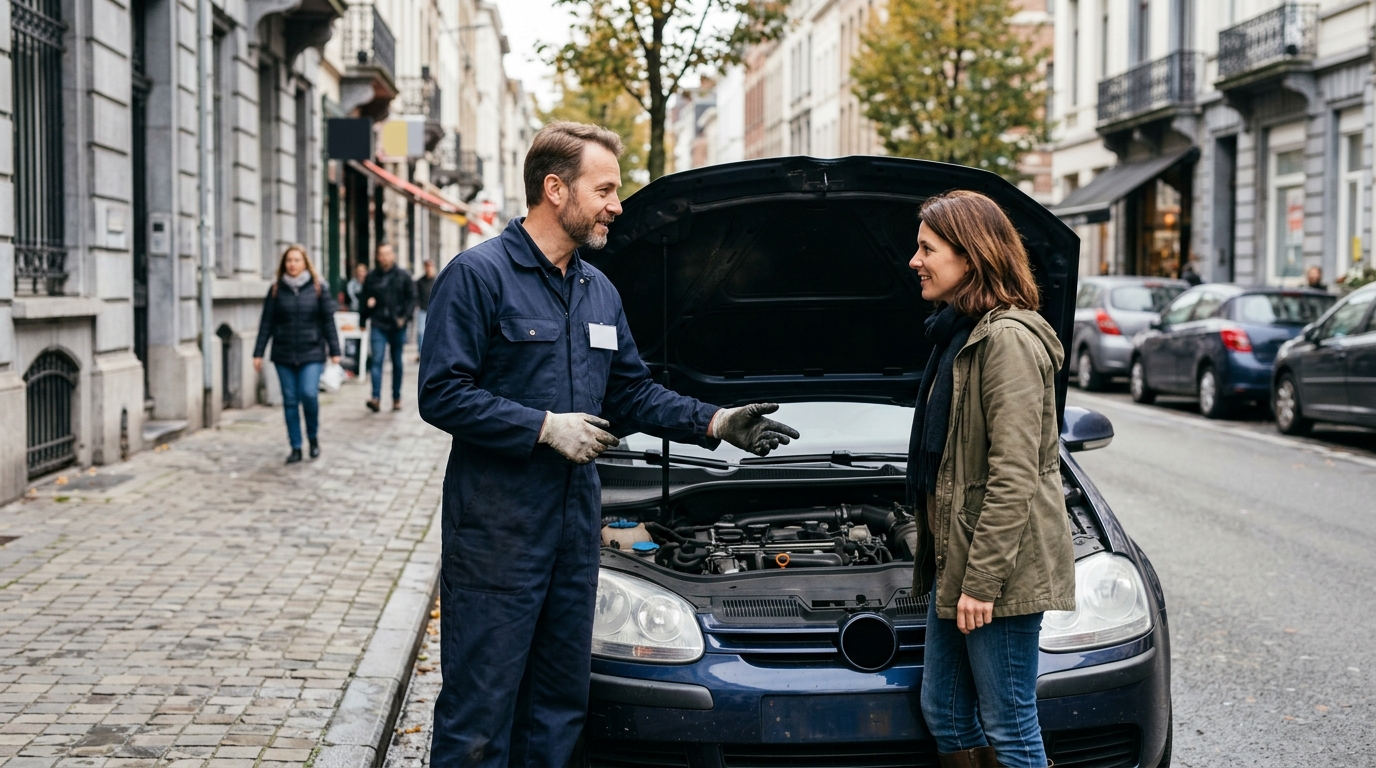 Dépanneur automobile professionnel discutant avec un client lors d'une intervention de dépannage voiture à Saint-Gilles.