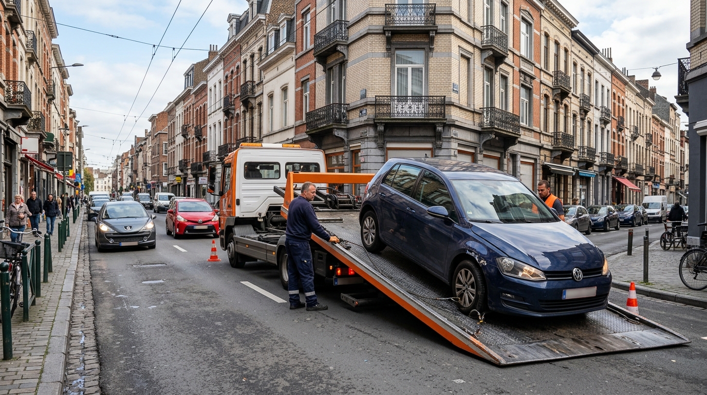 Service de remorquage voiture professionnel à Saint-Josse-Ten-Noode avec un camion plateau en pleine intervention.