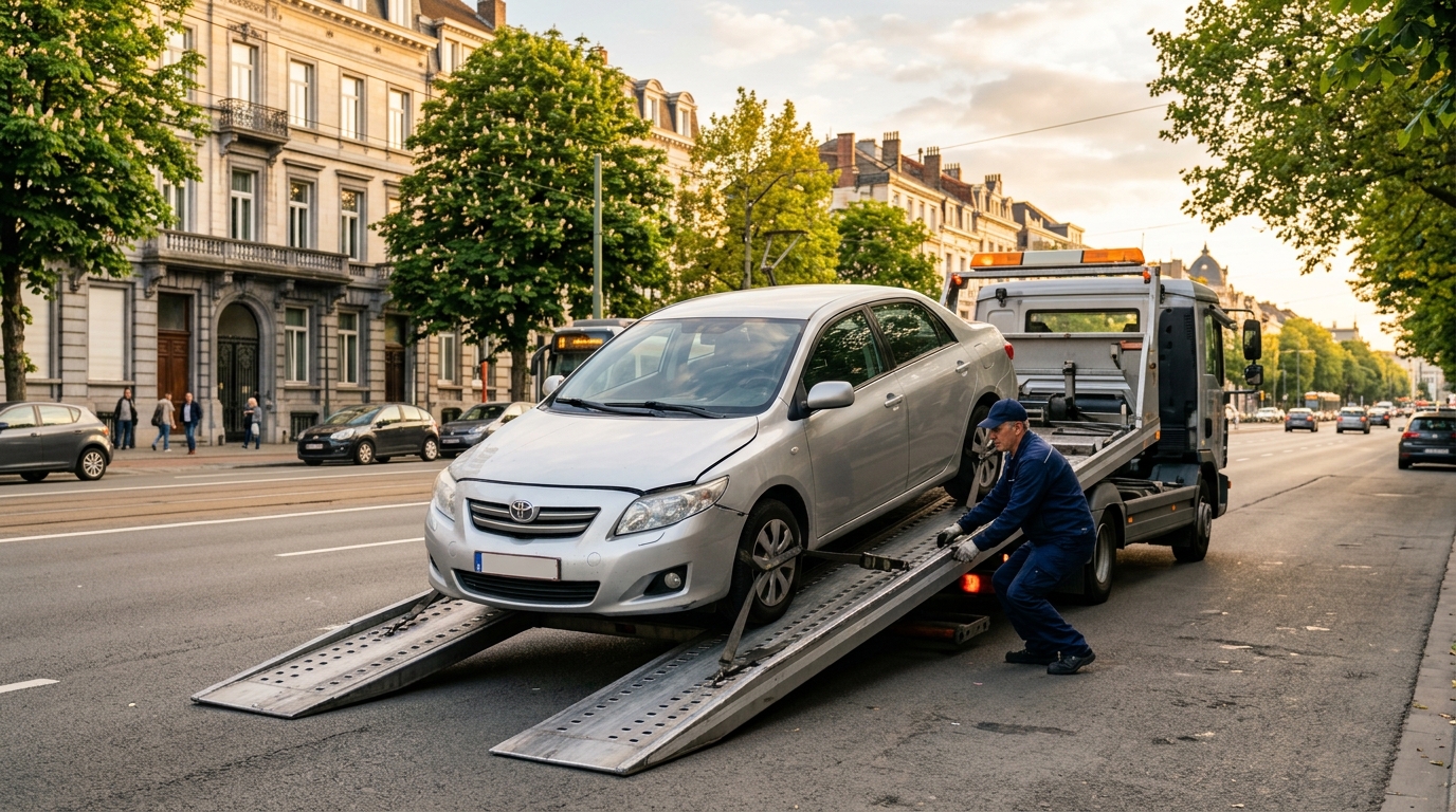 Camion de remorquage chargeant une voiture en panne sur un boulevard de Bruxelles, intervention professionnelle de dépannage automobile.