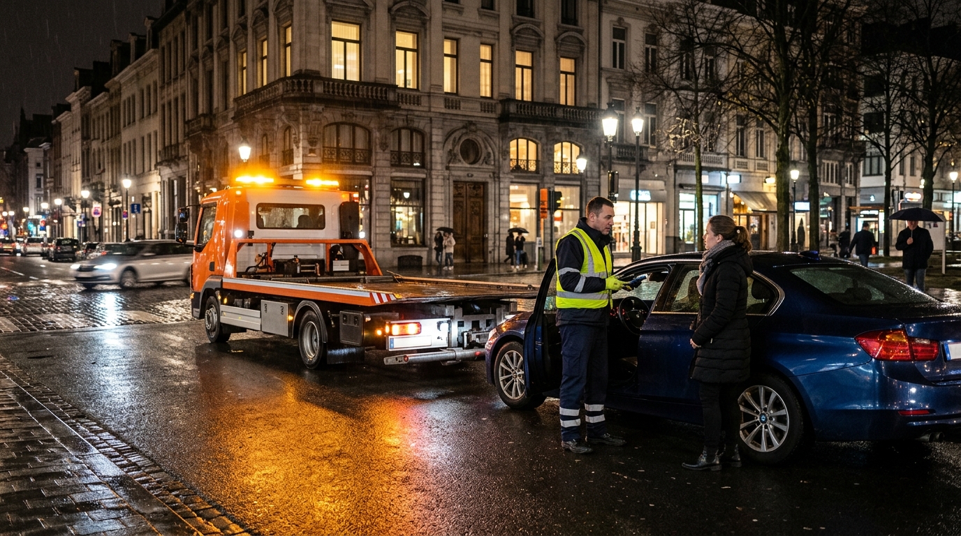 Dépannage voiture à Bruxelles la nuit – technicien en intervention avec dépanneuse plateau en 30 minutes