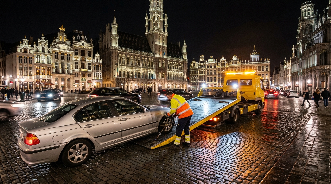 Dépanneuse professionnelle prenant en charge une voiture en panne dans les rues de Bruxelles de nuit, avec un technicien en gilet de sécurité intervenant rapidement.