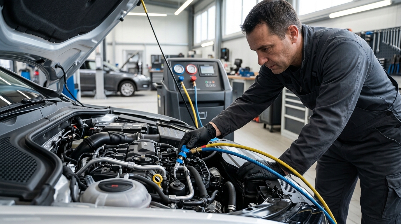 Recharge de gaz réfrigérant pour la climatisation d'une voiture avec un équipement professionnel.