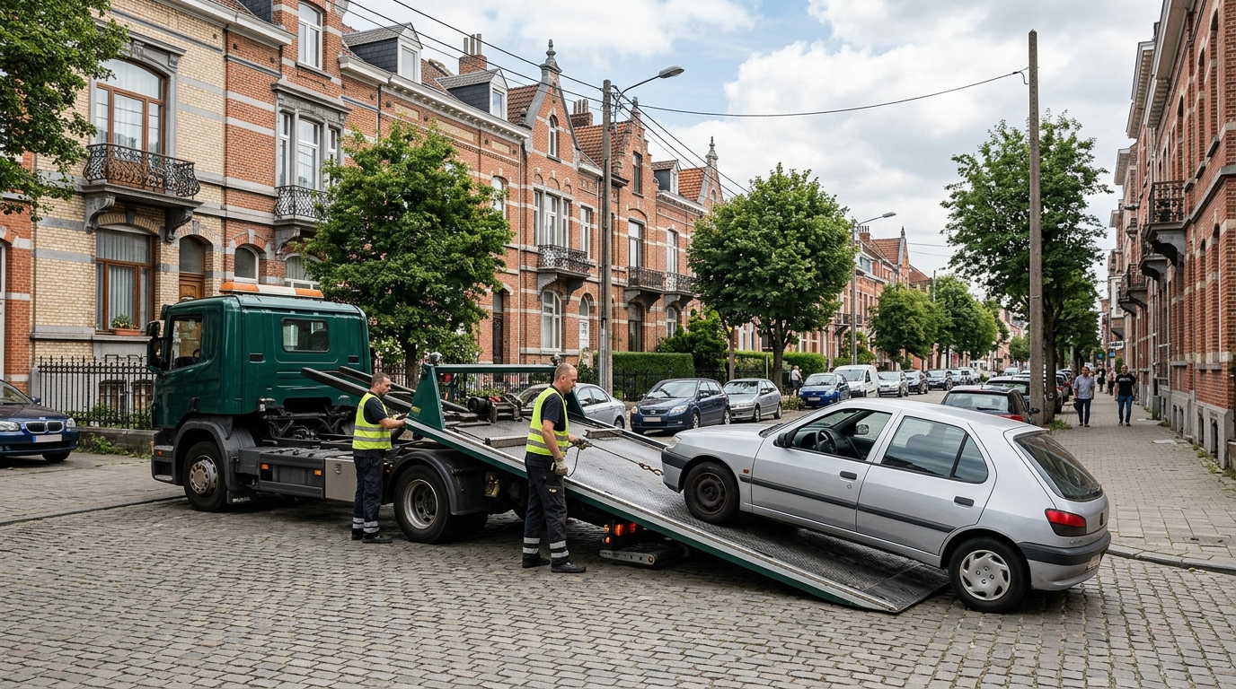Service de dépannage voiture à Schaerbeek avec un camion de remorquage en pleine intervention urbaine.