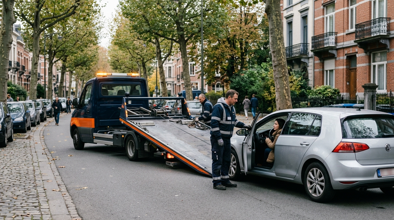 Dépannage voiture à Uccle avec un technicien intervenant sur un véhicule immobilisé.