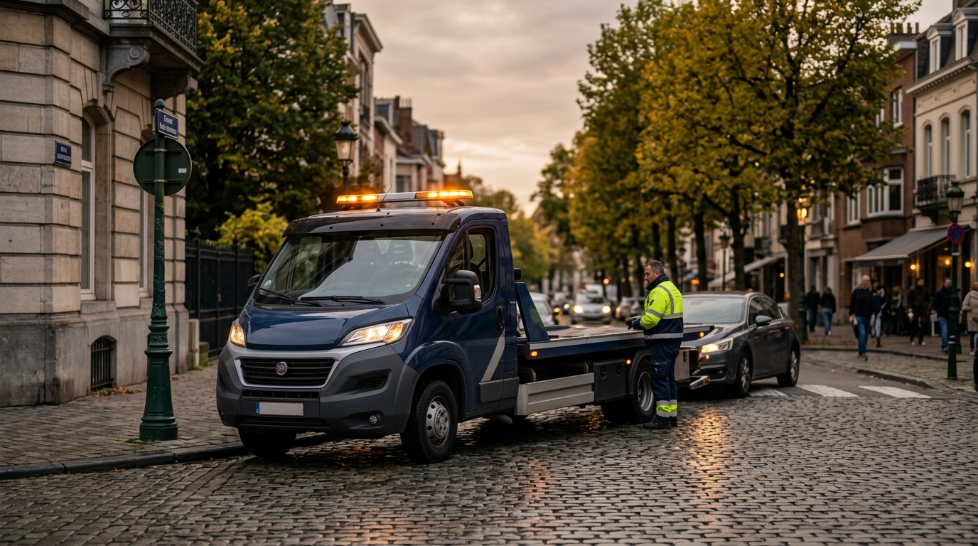 Camion de remorquage en intervention dans les rues de la commune d'Uccle.