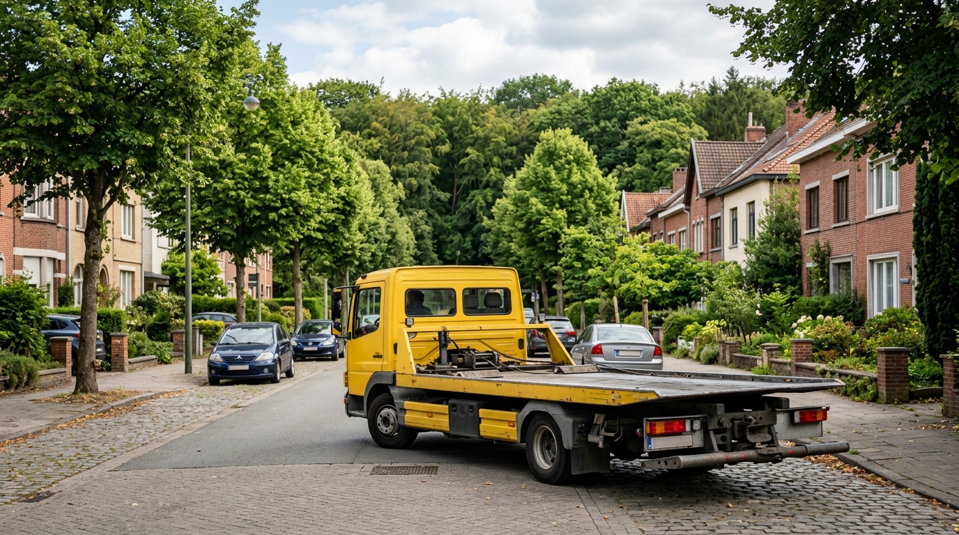 Service de dépannage voiture dans une rue verdoyante de Watermael-Boitsfort près de la Forêt de Soignes.