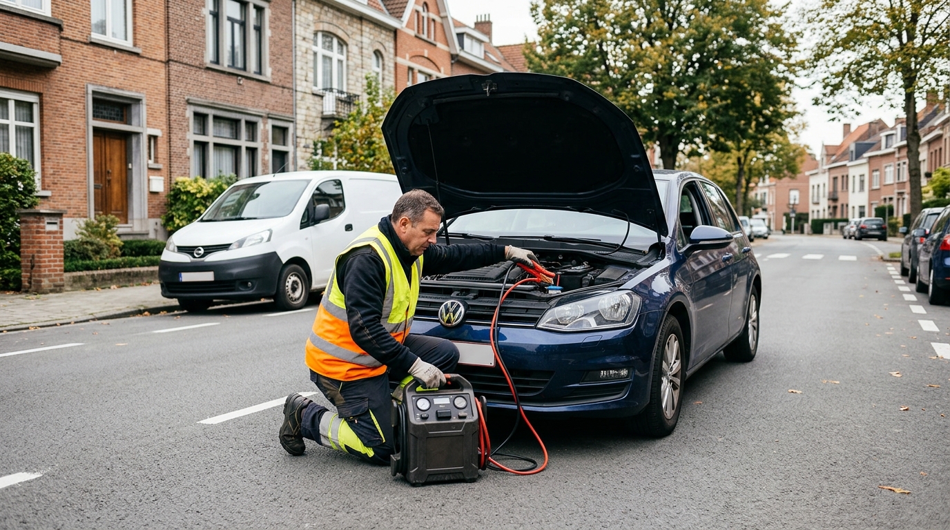 Technicien effectuant un dépannage de batterie de voiture à Woluwe-Saint-Lambert.