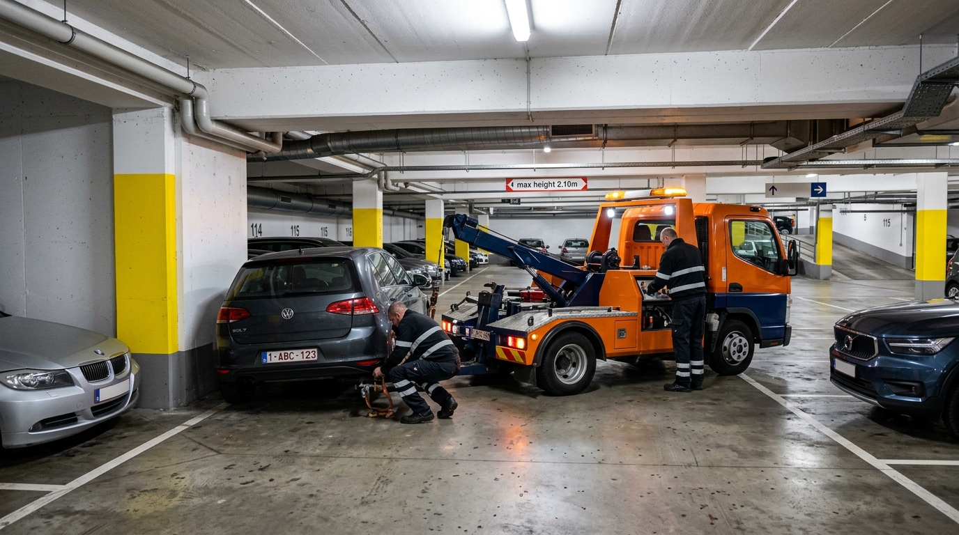 Remorquage d'un véhicule dans un parking souterrain à Woluwe-Saint-Lambert avec un équipement spécialisé.
