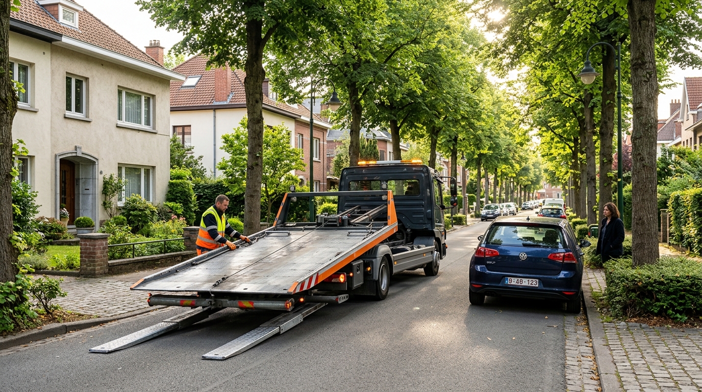 Service de dépannage voiture à Woluwe-Saint-Pierre avec une dépanneuse moderne en intervention.
