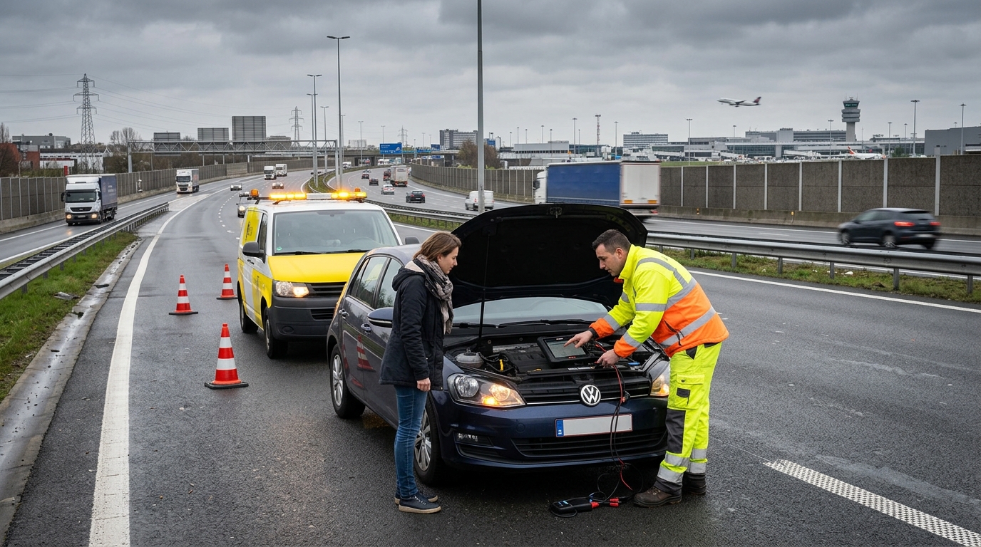 Technicien de dépannage automobile en gilet de sécurité jaune intervenant sur une voiture en panne sur une autoroute près de Zaventem avec un camion de dépannage et des feux clignotants orange visibles en arrière-plan.