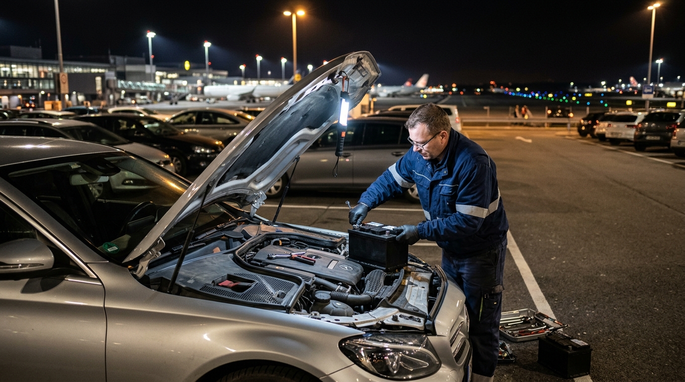 Mécanicien de dépannage remplaçant une batterie de voiture à plat dans un parking longue durée de l'aéroport de Bruxelles-Zaventem de nuit, avec capot ouvert et équipement professionnel.