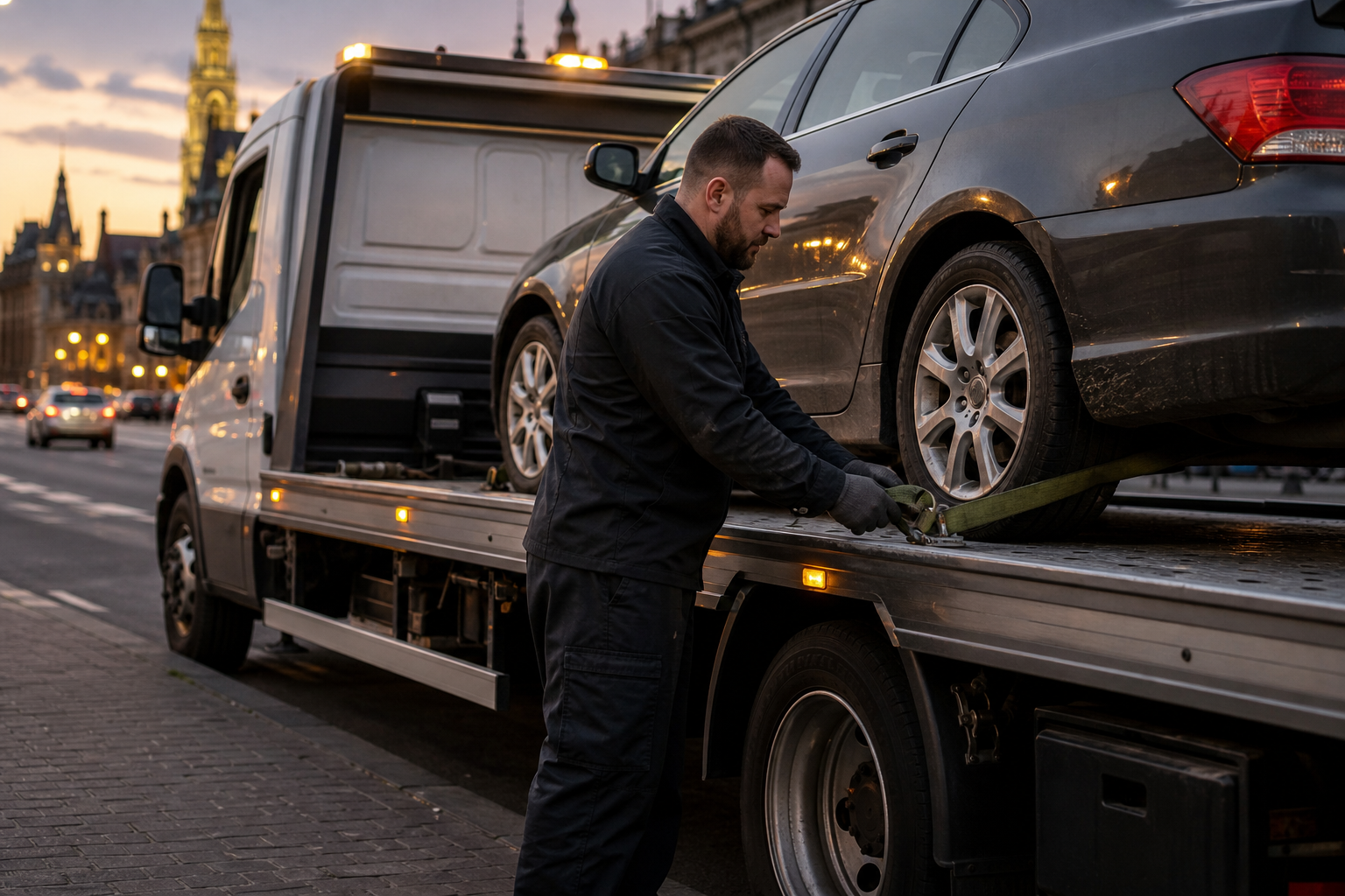 Dépanneur City-depannage sécurisant une voiture sur sa dépanneuse au crépuscule.