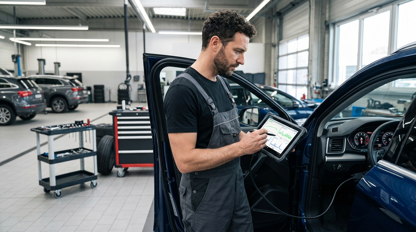 Technicien utilisant une valise de diagnostic électronique sur un véhicule à Bruxelles.