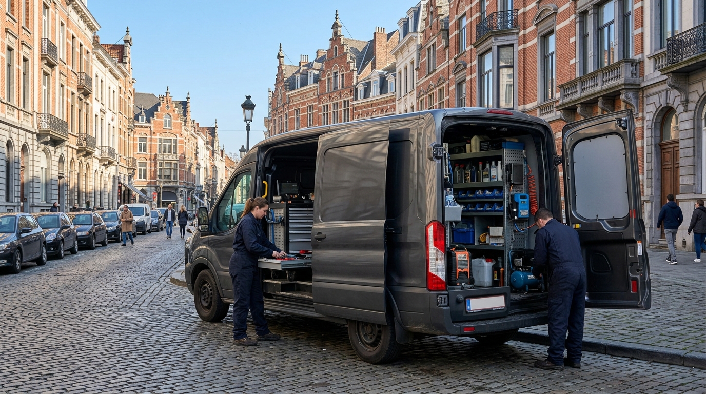 Intervention de diagnostic auto mobile dans une rue de la Région bruxelloise.