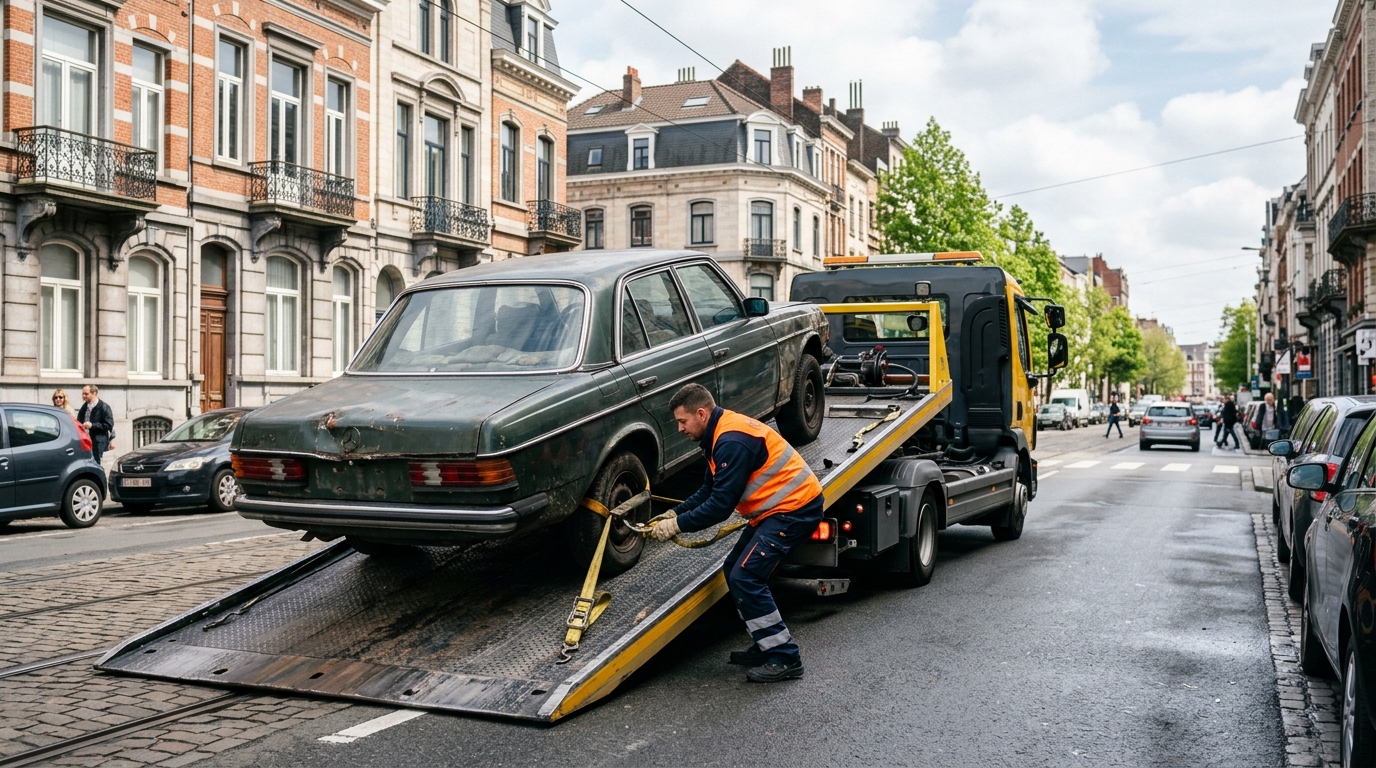Processus professionnel d'enlèvement d'épave à Bruxelles avec une dépanneuse moderne.