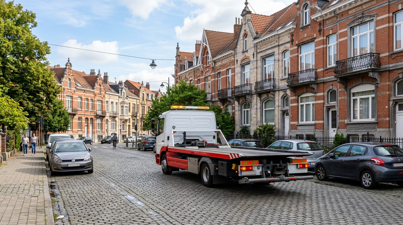 Camion de dépannage circulant dans les communes de Bruxelles pour un enlèvement d'épave.