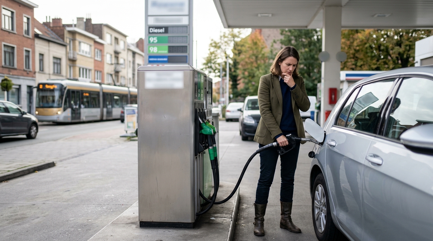 Conducteur à une station-service de Bruxelles réalisant une erreur de carburant et s'apprêtant à suivre les consignes de sécurité.
