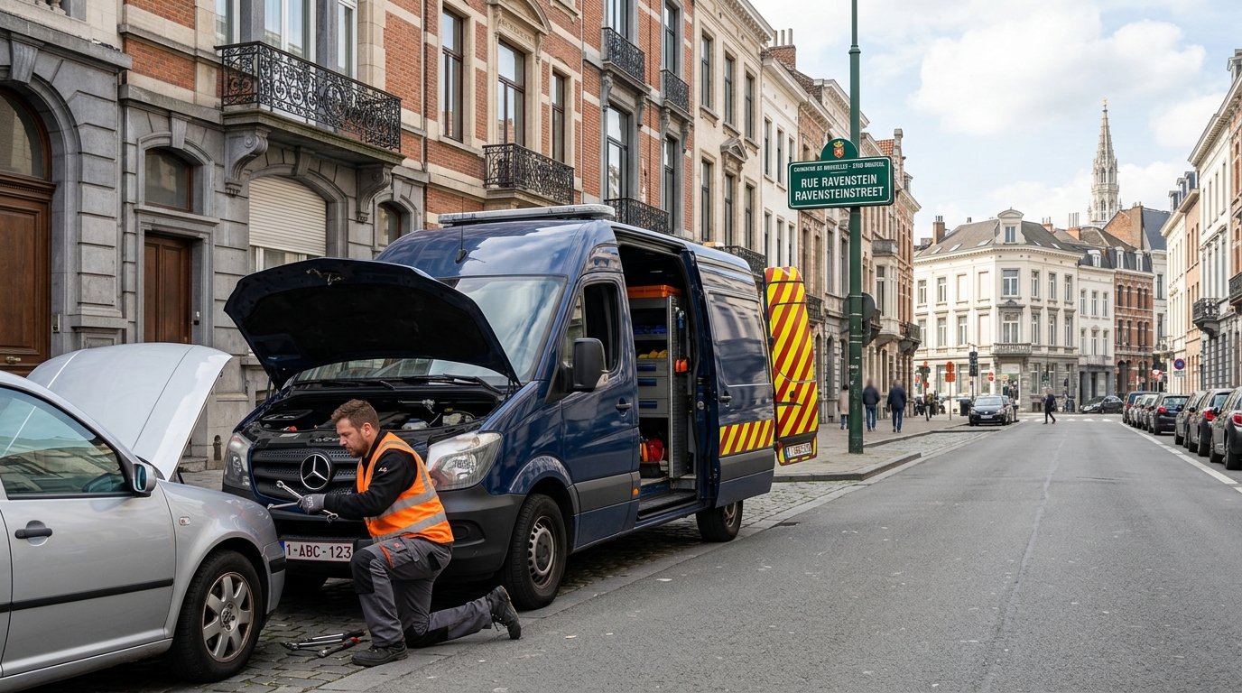 Technicien de City Dépannage intervenant pour une erreur de carburant dans une rue de Bruxelles.