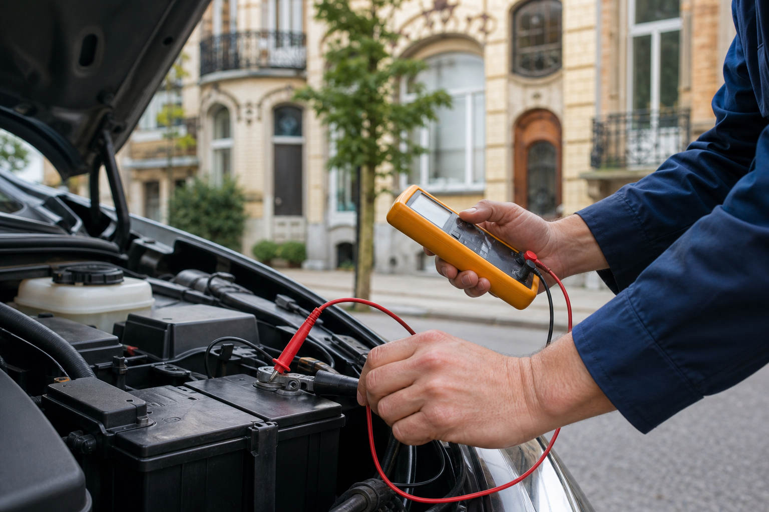 Mécanicien City-depannage testant la batterie d'une voiture avec un multimètre.