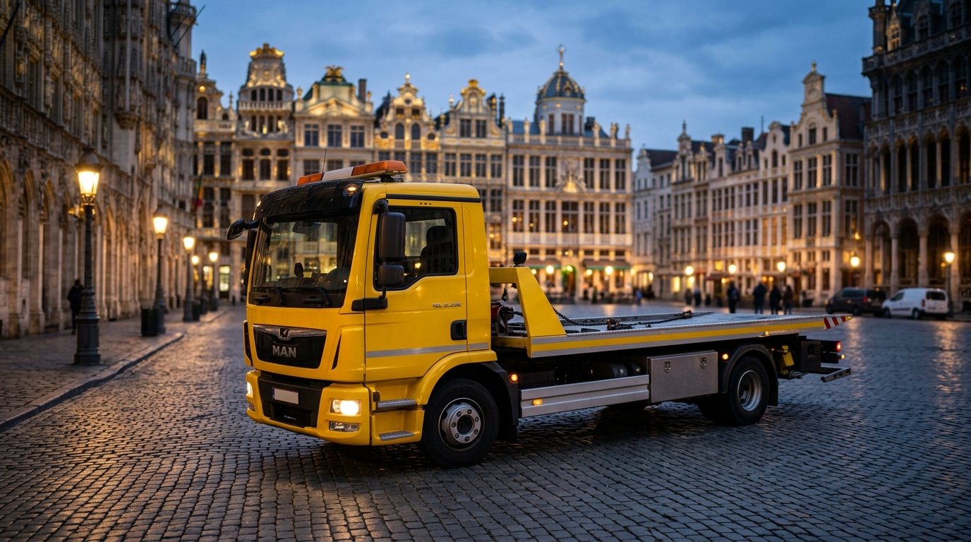 Service de remorquage voiture à Bruxelles intervenant en soirée dans le centre-ville.