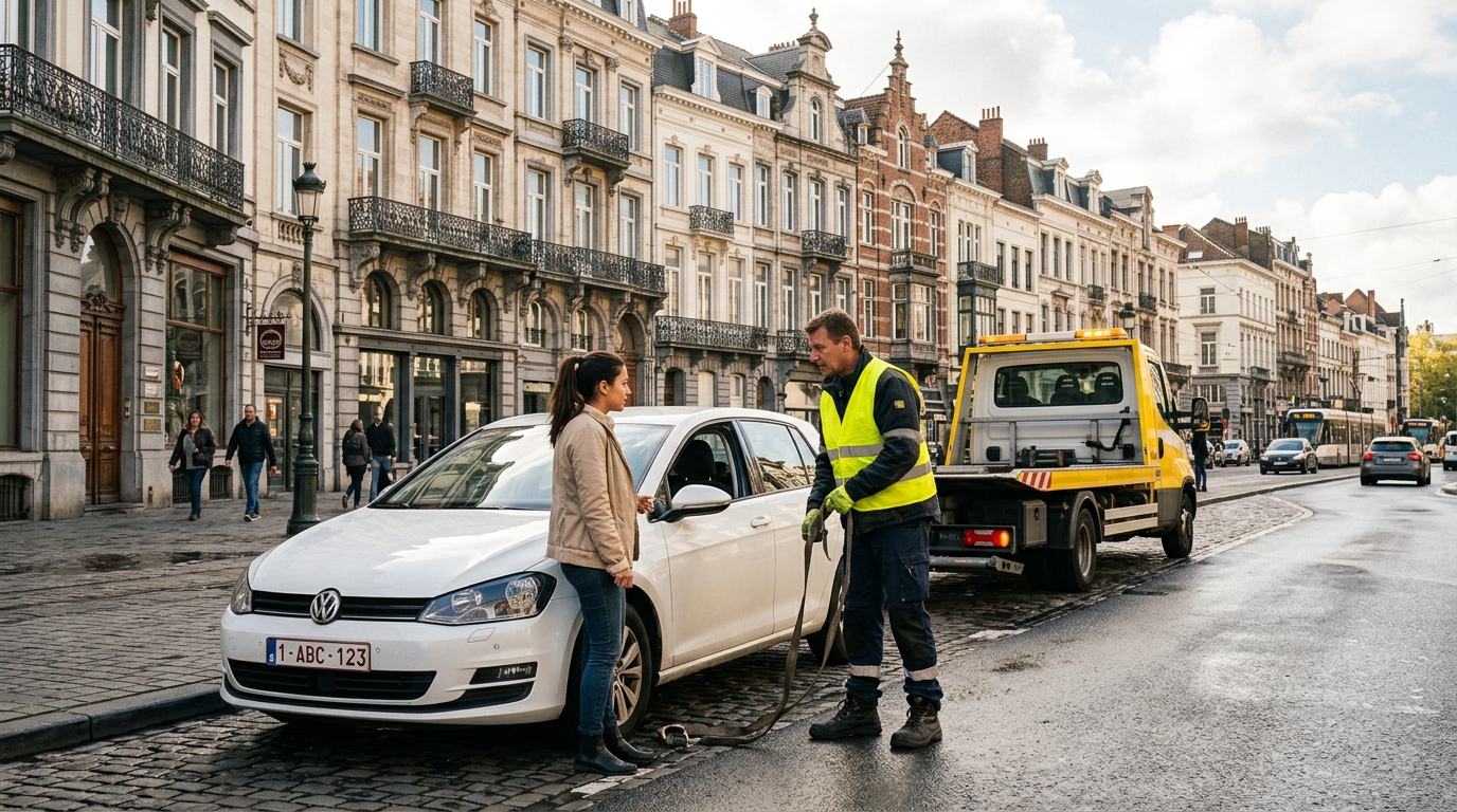 Service de dépannage voiture à Bruxelles avec un technicien intervenant sur un véhicule en ville.